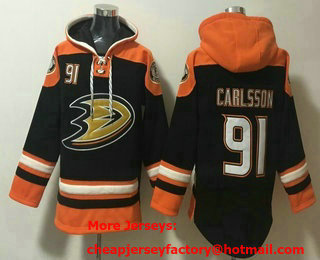 Men's Anaheim Ducks #91 Leo Carlsson Black Ageless Must Have Lace Up Pullover Hoodie