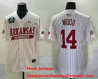 Men's Arkansas Razorbacks #14 Gage Wood White Pinstripe 2025 World Series Stitched Jersey