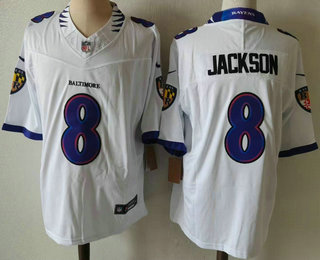 Men's Baltimore Ravens #8 Lamar Jackson Limited White FUSE Vapor Jersey