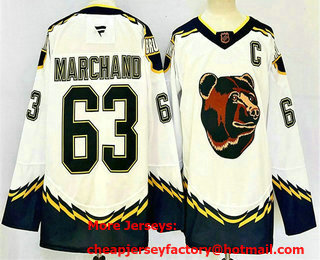 Men's Boston Bruins #63 Brad Marchand White 2024 With C Patch Reverse Retro Home Stitched Jersey
