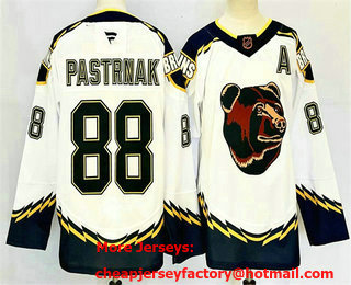 Men's Boston Bruins #88 David Pastrnak White 2024 With A Patch Reverse Retro Home Stitched Jersey