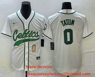 Men's Boston Celtics #0 Jayson Tatum Number White With Patch Stitched Baseball Jersey