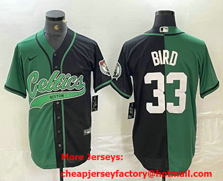Men's Boston Celtics #33 Larry Bird Green Black Split Stitched Baseball Jersey