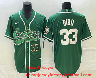 Men's Boston Celtics #33 Larry Bird Number Green With Patch Stitched Baseball Jersey
