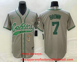 Men's Boston Celtics #7 Jaylen Brown Number Grey With Patch Stitched Baseball Jersey