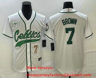 Men's Boston Celtics #7 Jaylen Brown Number White With Patch Stitched Baseball Jersey