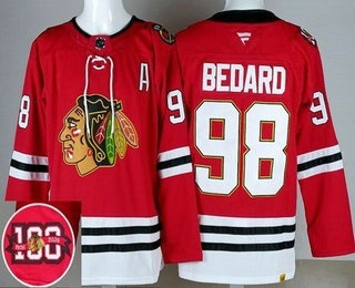 Men's Chicago Blackhawks #98 Connor Bedard Red 100 Years Anniversary Authentic Jersey
