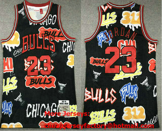 Men's Chicago Bulls #23 Michael Jordan Black Doodle Fashion Swingman Throwback Jersey