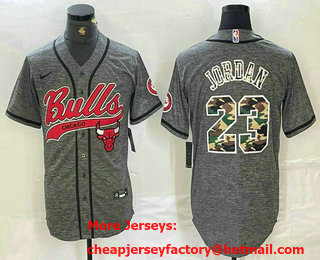 Men's Chicago Bulls #23 Michael Jordan Grey Gridiron Camo Cool Base Stitched Baseball Jersey