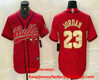 Men's Chicago Bulls #23 Michael Jordan Red Gold Cool Base Stitched Baseball Jersey