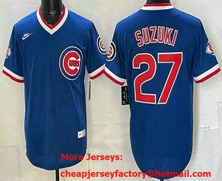 Men's Chicago Cubs #27 Seiya Suzuki Royal 150th Pullover Cooperstown Throwback Jersey