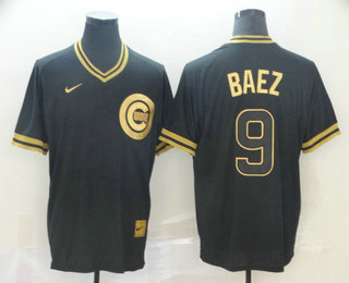 Men's Chicago Cubs #9 Javier Baez Black Gold Nike Cooperstown Legend V Neck Jersey