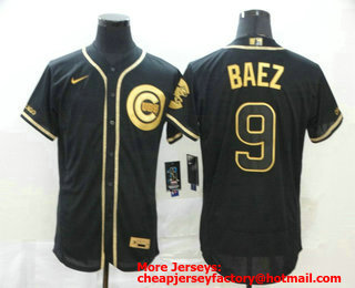 Men's Chicago Cubs #9 Javier Baez Black Golden Stitched MLB Flex Base Nike Jersey