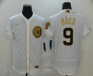 Men's Chicago Cubs #9 Javier Baez White Golden Stitched MLB Flex Base Nike Jersey
