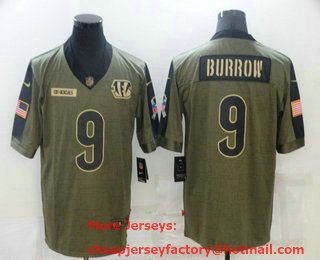 Men's Cincinnati Bengals #9 Joe Burrow 2021 Olive Salute To Service Limited Stitched Jersey