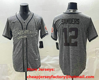 Men's Cleveland Browns #12 Shedeur Sanders Grey Gridiron With Patch Cool Base Stitched Baseball Jersey