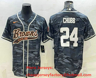 Men's Cleveland Browns #24 Nick Chubb Grey Camo With Patch Cool Base Stitched Baseball Jersey