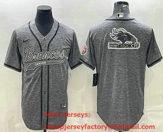 Men's Denver Broncos Grey Gridiron Team Big Logo With Patch Cool Base Stitched Baseball Jersey