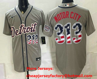 Men's Detroit Tigers #313 Motor City Grey 2026 USA 250 Fourth of July Stitched Jersey
