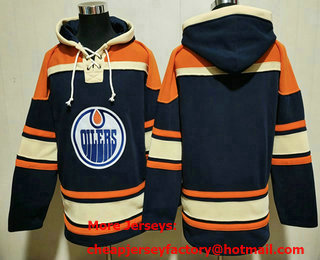 Men's Edmonton Oilers Blank Navy Lace Up Pullover Hoodie 02