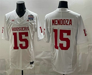Men's Indiana Hoosiers #15 Fernando Mendoza White FUSE Peach Bowl Patch College Football Jersey