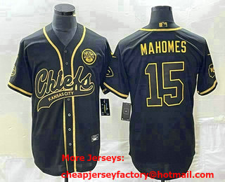 Men's Kansas City Chiefs #15 Patrick Mahomes Black Gold Super Bowl LVII Cool Base Stitched Baseball Jersey