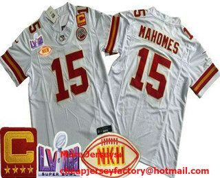 Men's Kansas City Chiefs #15 Patrick Mahomes Limited White NKH C Patch LVIII Super Bowl FUSE Vapor Jersey