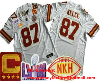 Men's Kansas City Chiefs #87 Travis Kelce Limited White NKH C Patch LVIII Super Bowl FUSE Vapor Jersey