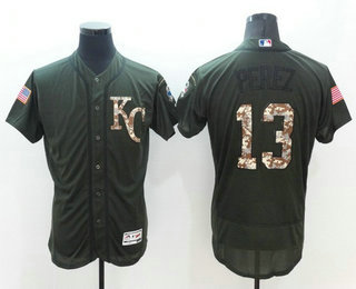 Men's Kansas City Royals #13 Salvador Perez Green Salute to Service 2016 Flexbase Baseball Jersey