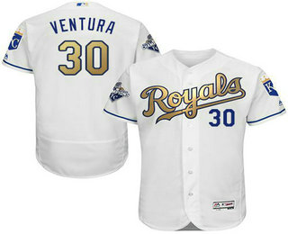 Men's Kansas City Royals #30 Yordano Ventura White World Series Champions Gold Program FlexBase Player Jersey
