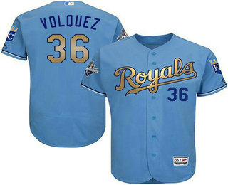 Men's Kansas City Royals #36 Edinson Volquez Light Blue FlexBase Authentic 2015 World Series Champions Gold Program Jersey