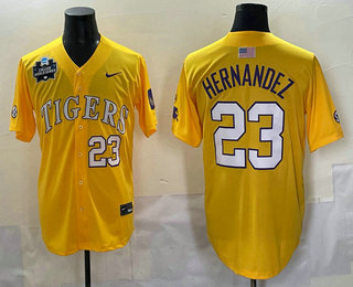 Men's LSU Tigers #23 Luis Hernandez Yellow 2025 World Series Stitched Baseball Jersey