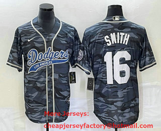 Men's Los Angeles Dodgers #16 Will Smith Gray Camo Cool Base With Patch Stitched Baseball Jersey 01