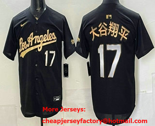 Men's Los Angeles Dodgers #17 Japanese Shohei Ohtani Black Gold Stadium Jersey