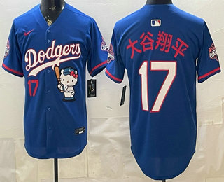 Men's Los Angeles Dodgers #17 Shohei Ohtani Blue Japanese Hello Kitty 2025 World Series Champions Limited Jersey