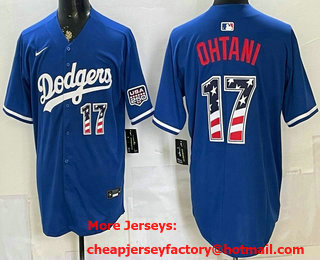 Men's Los Angeles Dodgers #17 Shohei Ohtani Blue USA 250 Patch Stadium Jersey