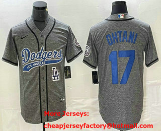 Men's Los Angeles Dodgers #17 Shohei Ohtani Grey Gridiron Cool Base Stitched Baseball Jersey 02