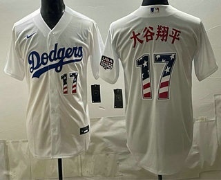 Men's Los Angeles Dodgers #17 Shohei Ohtani Japanese White USA 250 Fourth of July Stitched Jersey