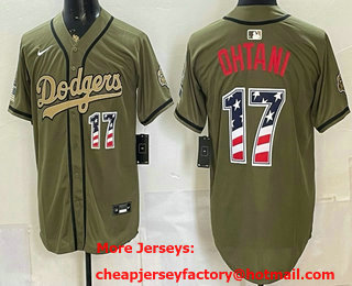 Men's Los Angeles Dodgers #17 Shohei Ohtani Olive 2025 World Series Champions USA 250 Patch Stadium Jersey