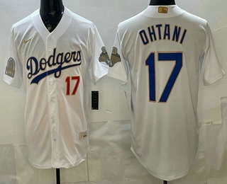 Men's Los Angeles Dodgers #17 Shohei Ohtani White Gold World Series Champions Collection Stadium Jersey