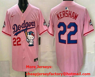 Men's Los Angeles Dodgers #22 Clayton Kershaw Pink Hello Kitty 2025 World Series Champions Limited Jersey