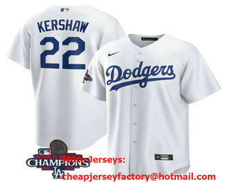 Men's Los Angeles Dodgers #22 Clayton Kershaw White 2024 World Series Champions Cool Base Stitched Jersey