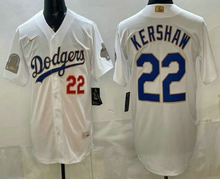 Men's Los Angeles Dodgers #22 Clayton Kershaw White Gold World Series Champions Collection Stadium Jersey
