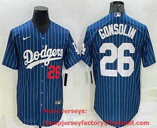 Men's Los Angeles Dodgers #26 Tony Gonsolin Number Red Navy Blue Pinstripe Stitched MLB Cool Base Nike Jersey