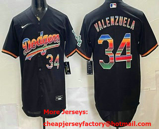 Men's Los Angeles Dodgers #34 Fernando Valenzuela Black Rainbow Mexico Cool Base Stitched Jersey 11