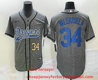 Men's Los Angeles Dodgers #34 Fernando Valenzuela Number Grey Gridiron Cool Base Stitched Baseball Jersey