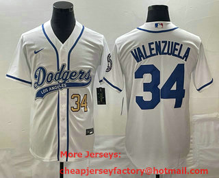Men's Los Angeles Dodgers #34 Fernando Valenzuela Number White With Patch Cool Base Stitched Baseball Jersey 01