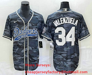 Men's Los Angeles Dodgers #34 Fernando Valenzuela Gray Camo Cool Base With Patch Stitched Baseball Jersey 01