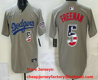 Men's Los Angeles Dodgers #5 Freddie Freeman Grey USA 250 Patch Stadium Jersey