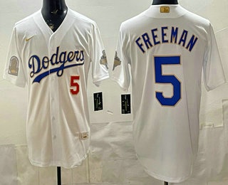 Men's Los Angeles Dodgers #5 Freddie Freeman White Gold World Series Champions Collection Stadium Jersey